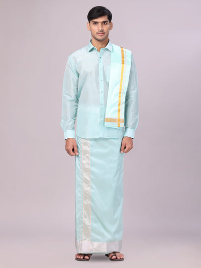 Men's Art Silk Sea Green Jacquard Full Sleeves Shirt with 3" Gold Jari Border Dhoti & Towel Combo Mangal
