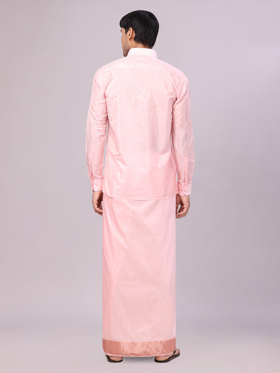 Men's Plain Art Silk Pink Full Sleeves Shirt with 3" Jacquard Jari Border Dhoti Combo Mangal