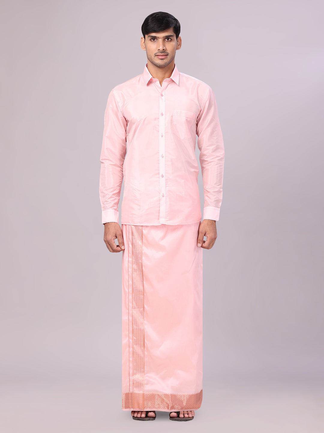 Men's Plain Art Silk Pink Full Sleeves Shirt with 3" Jacquard Jari Border Dhoti Combo Mangal