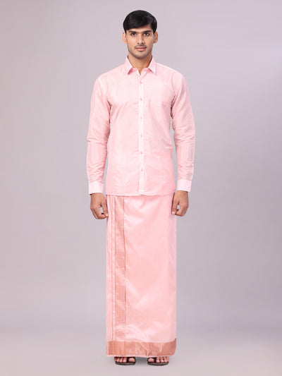 Men's Plain Art Silk Pink Full Sleeves Shirt with 3" Jacquard Jari Border Dhoti Combo Mangal