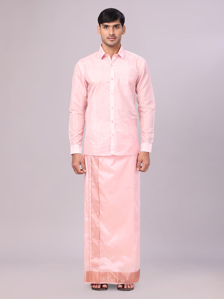 Men's Art Silk Pink Jacquard Full Sleeves Shirt with 3" Copper Jari Border Dhoti Combo Mangal