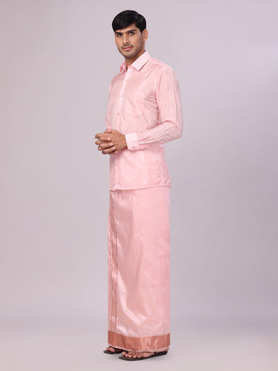 Men's Plain Art Silk Pink Full Sleeves Shirt with 3" Jacquard Jari Border Dhoti Combo Mangal