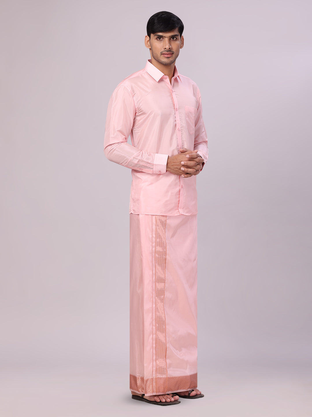 Men's Plain Art Silk Pink Full Sleeves Shirt with 3" Jacquard Jari Border Dhoti Combo Mangal