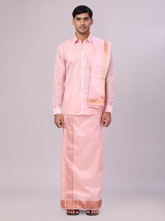 Men's Plain Art Silk Pink Full Sleeves Shirt with 3" Jacquard Jari Border Dhoti Combo Mangal