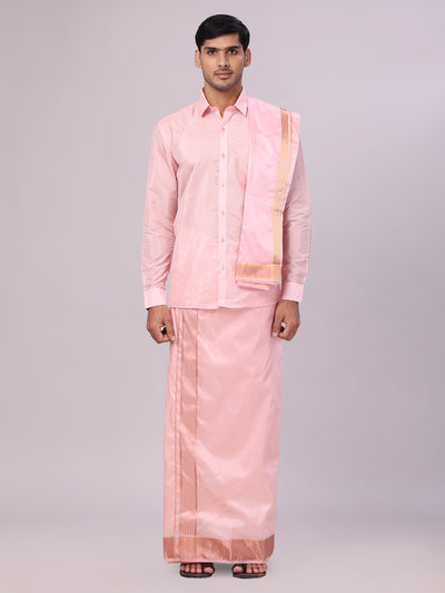Men's Art Silk Pink Jacquard Full Sleeves Shirt with 3" Copper Jari Border Dhoti & Towel Combo Mangal