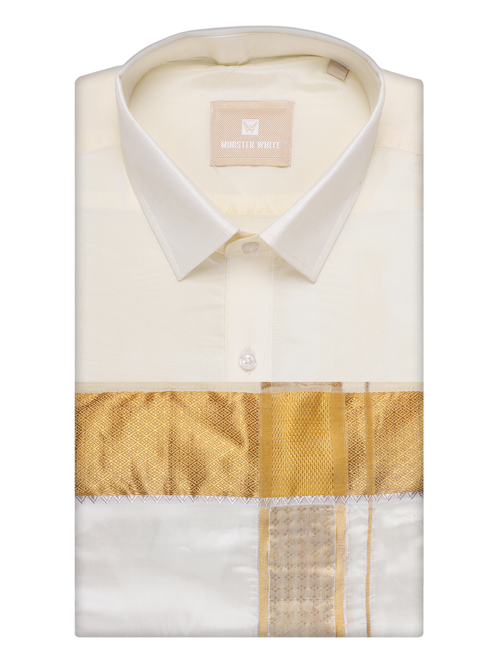 Mens Art Silk Cream Full Sleeves Shirt with 3" Gold Jari Border Dhoti Combo Haldi by Minister White