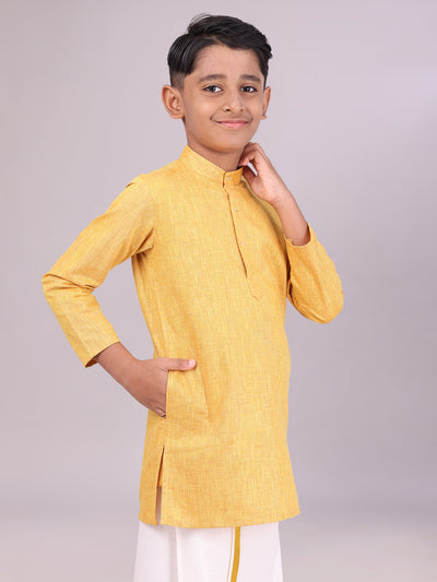 Boys Cotton Mustard Full Sleeves Kurta side pose