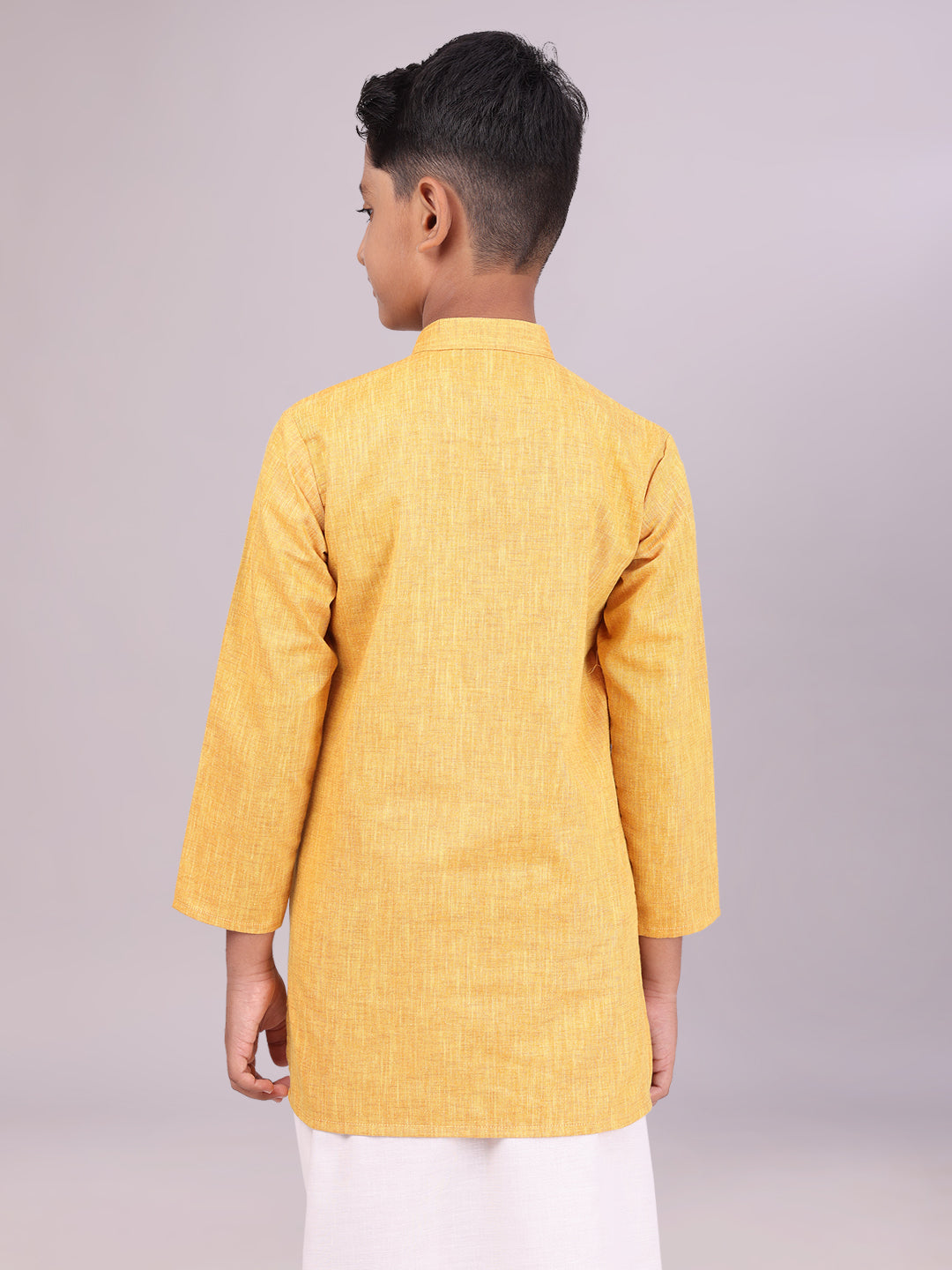 Boys Cotton Mustard Full Sleeves Kurta back pose