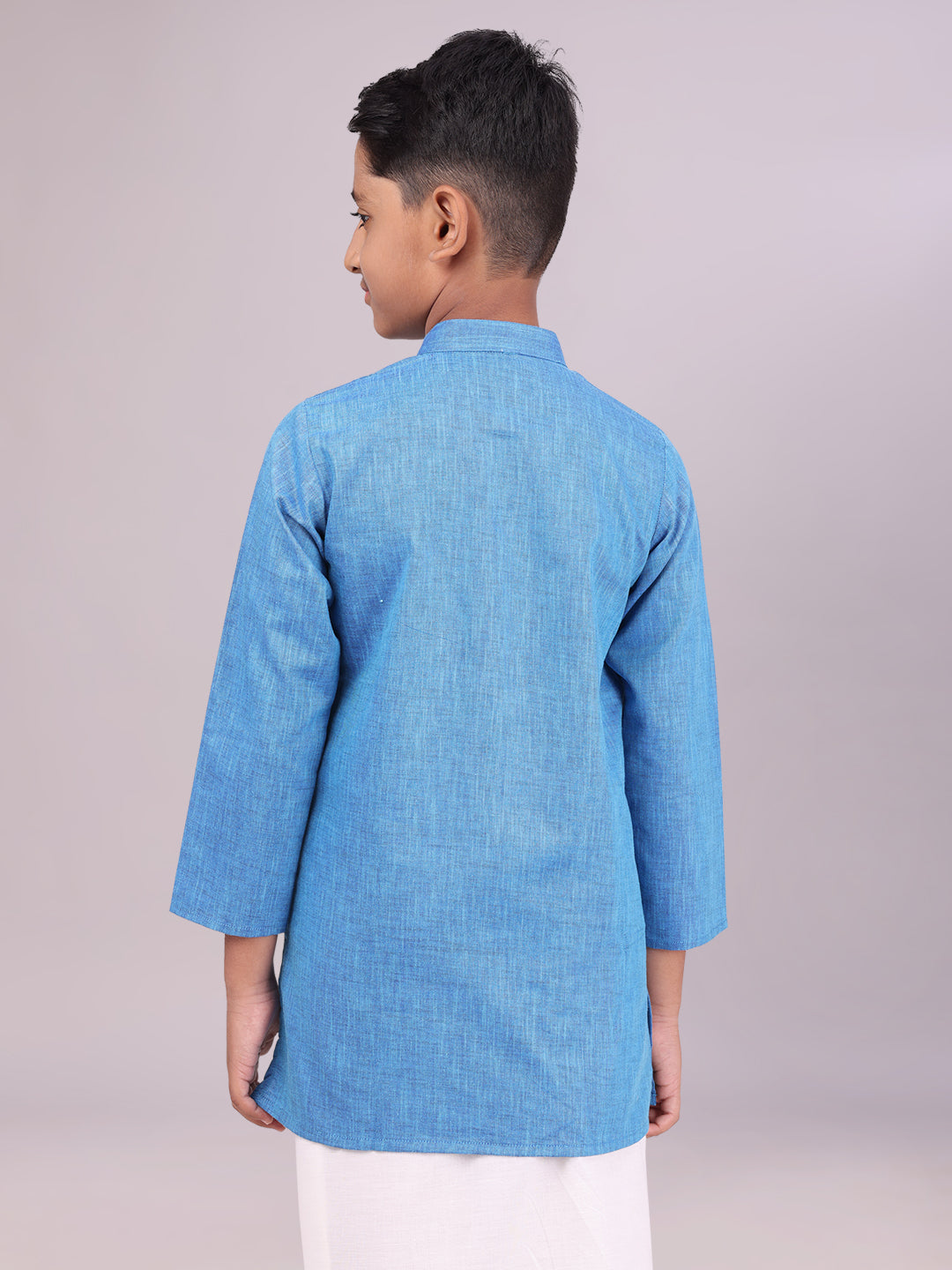 Boys Cotton Blue Full Sleeves Kurta back pose