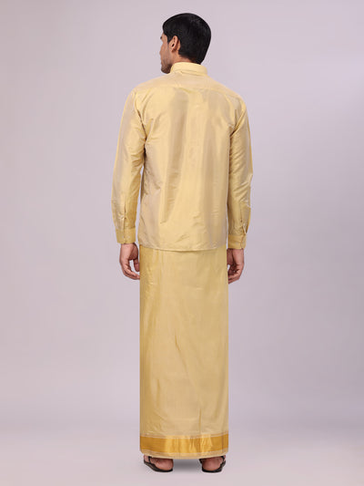 Men's Art Silk Mango Gold Full Sleeves Shirt with 3 1/2" Gold Jari Border Dhoti Combo Haldi back pose