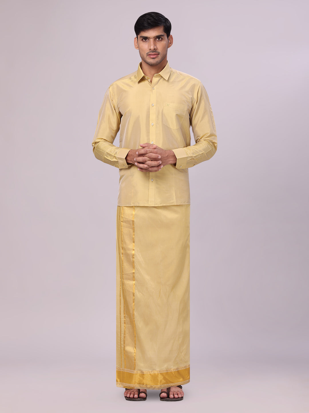 Men's Art Silk Mango Gold Full Sleeves Shirt with 3 1/2" Gold Jari Border Dhoti Combo Haldi