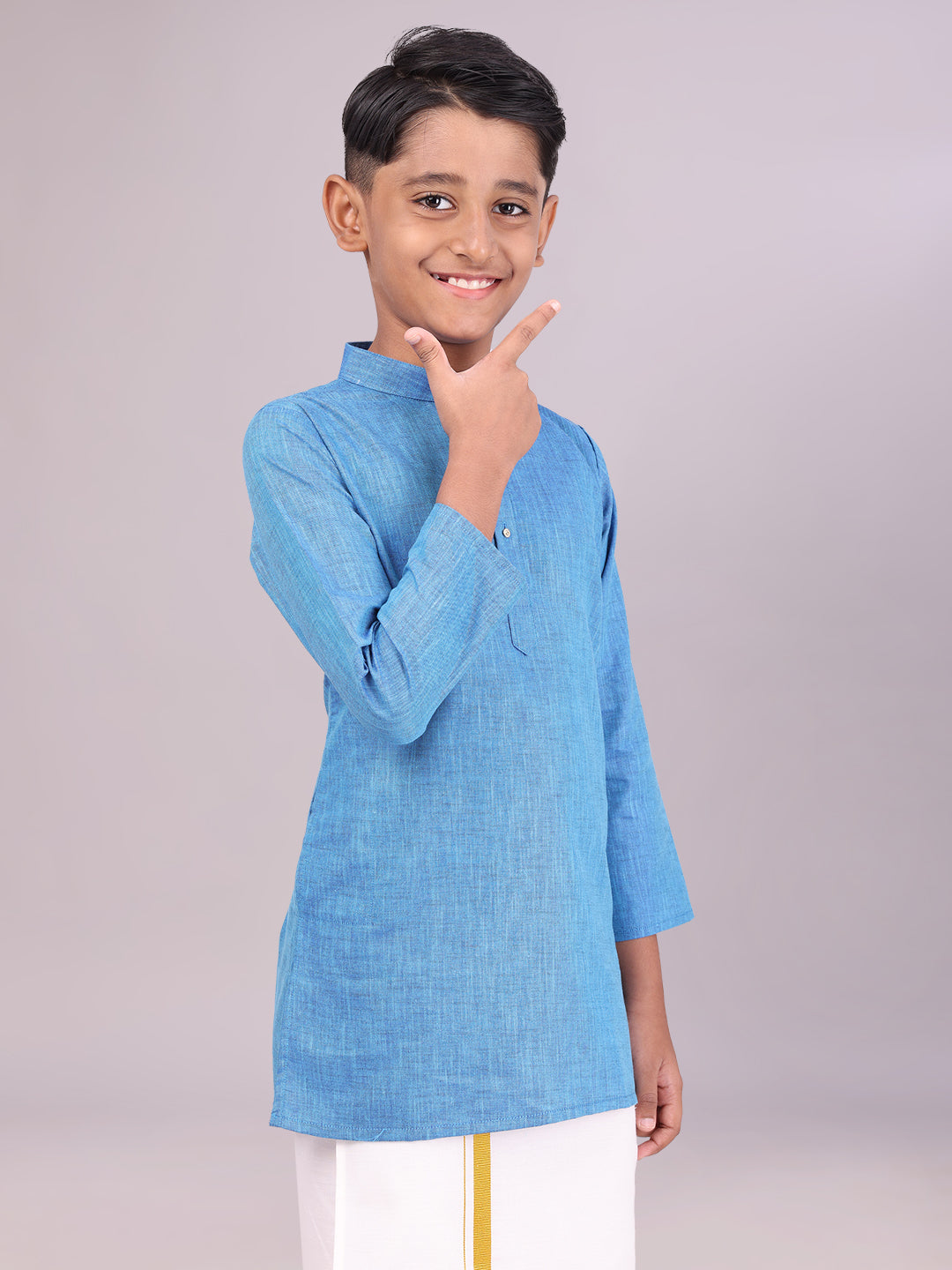 Boys Cotton Blue Full Sleeves Kurta side pose