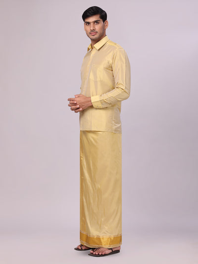 Men's Art Silk Mango Gold Full Sleeves Shirt with 3 1/2" Gold Jari Border Dhoti Combo Haldi side pose