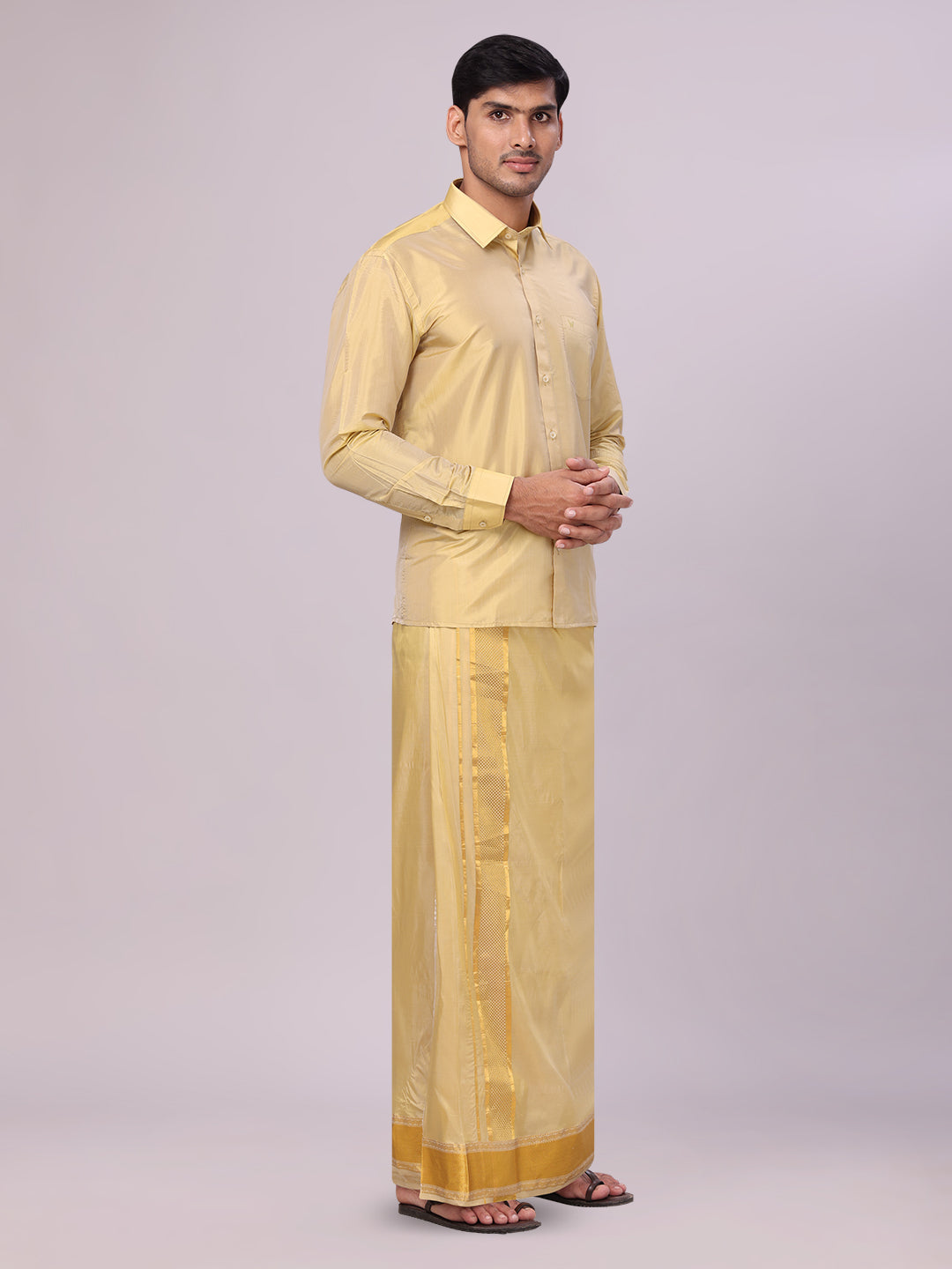 Mens Art Silk Mango Gold Full Sleeves Shirt with 3 1/2" Gold Jari Border Dhoti Combo Haldi