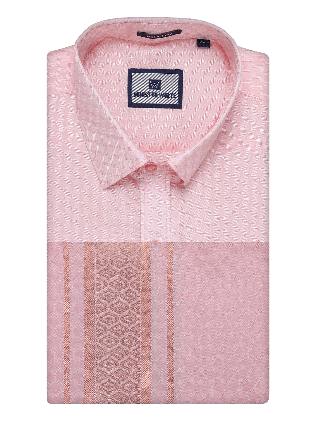Mens Art Silk Pink Full Sleeves Shirt with 2 1/2" Copper Jari Border Dhoti Combo Neogen by Minister White