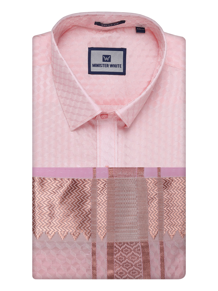 Mens Art Silk Pink Full Sleeves Shirt with 2 1/2" Copper Jari Border Dhoti Combo Neogen by Minister White