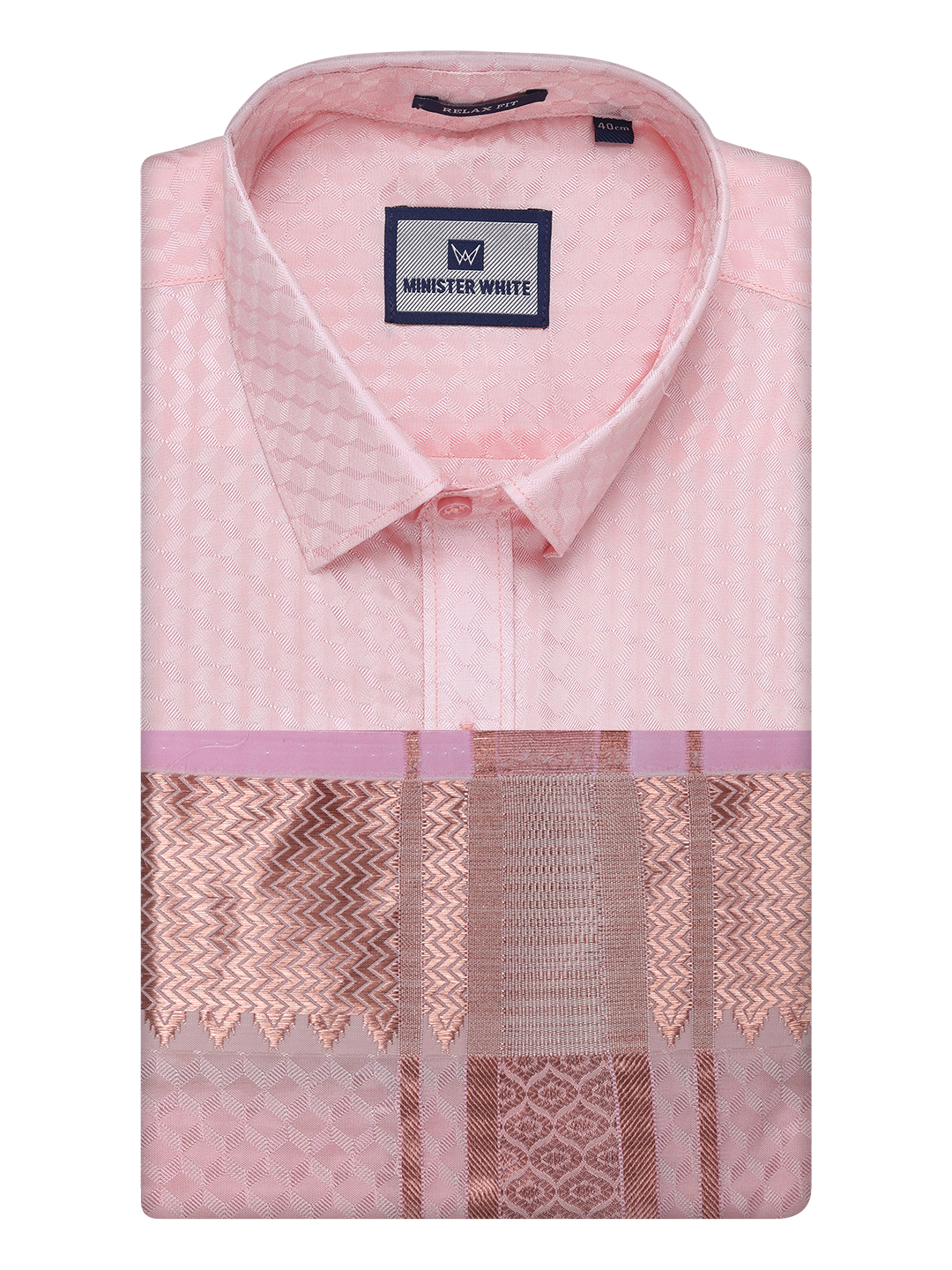 Mens Art Silk Pink Full Sleeves Shirt with 2 1/2" Copper Jari Border Dhoti Combo Neogen by Minister White