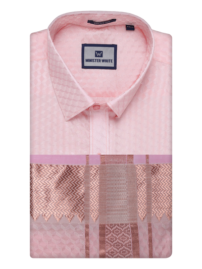 Mens Art Silk Pink Full Sleeves Shirt with 2 1/2" Copper Jari Border Dhoti Combo Neogen by Minister White