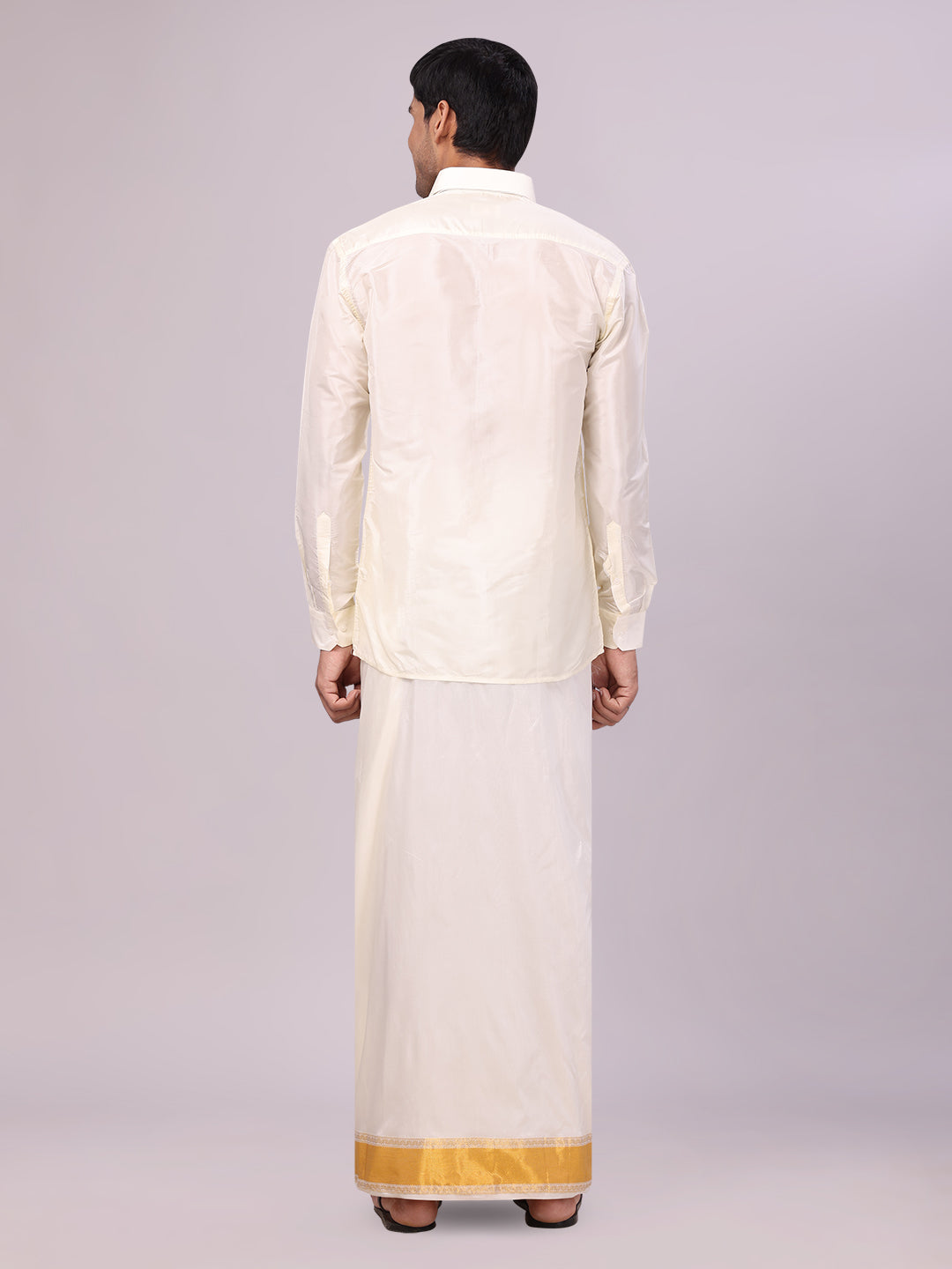 Mens Art Silk Cream Full Sleeves Shirt with 3 1/2" Gold Jari Border Dhoti Combo Haldi