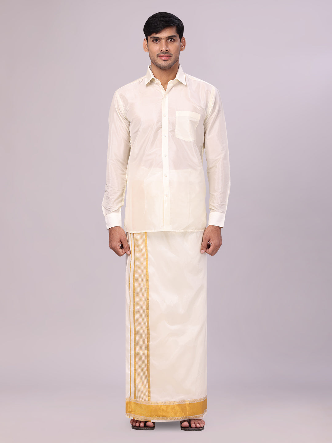 Mens Art Silk Cream Full Sleeves Shirt with 3 1/2" Gold Jari Border Dhoti Combo Haldi