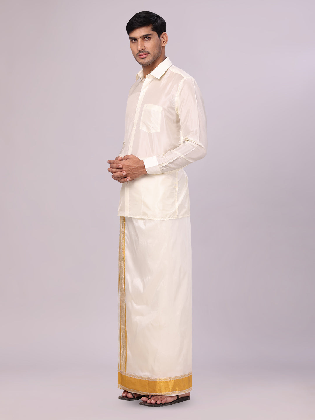 Mens Art Silk Cream Full Sleeves Shirt with 3 1/2" Gold Jari Border Dhoti Combo Haldi