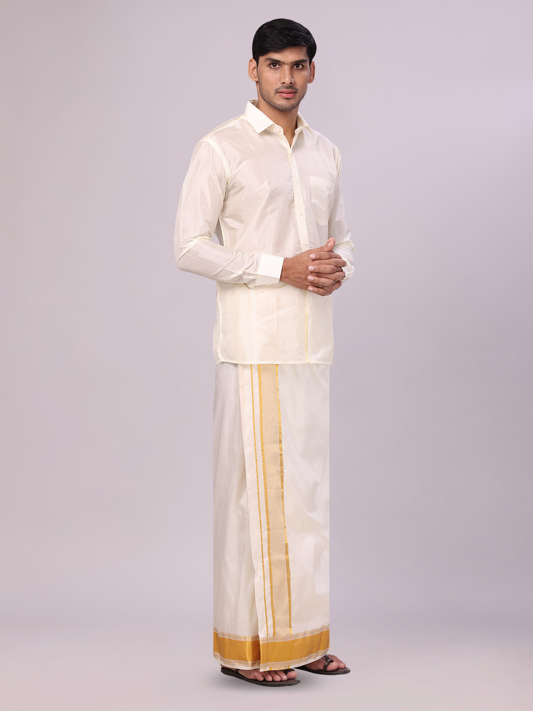 Mens Art Silk Cream Full Sleeves Shirt with 3 1/2" Gold Jari Border Dhoti Combo Haldi side pose