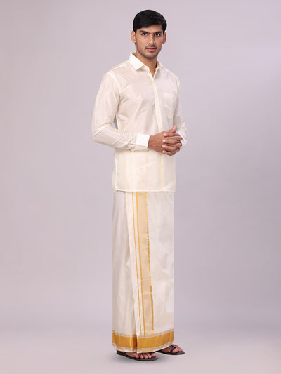 Mens Art Silk Cream Full Sleeves Shirt with 3 1/2" Gold Jari Border Dhoti Combo Haldi