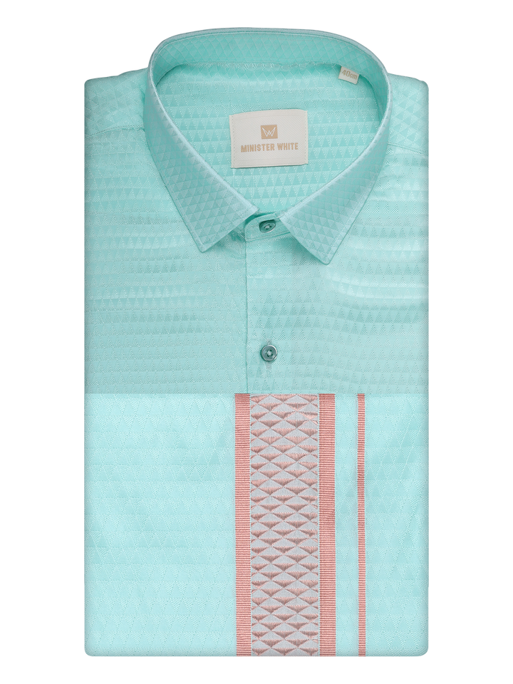 Mens Art Silk Mint Full Sleeves Shirt with 2 1/2" Copper Jari Border Dhoti Combo Neogen by Minister White