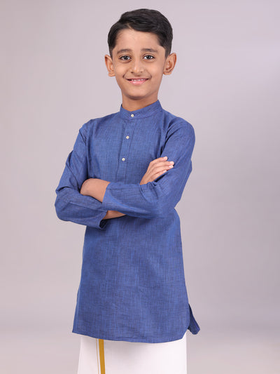 Boys Cotton Inic Blue Full Sleeves Kurta side pose