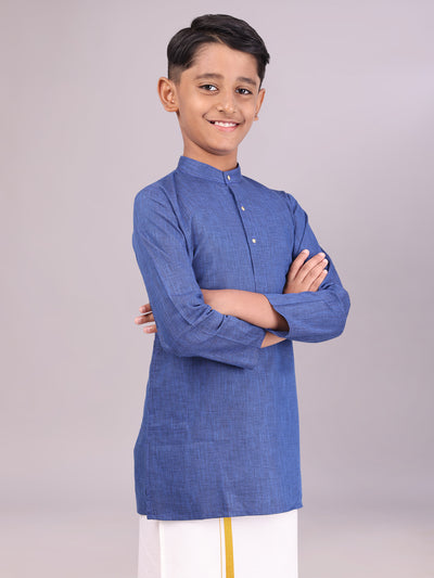 Boys Cotton Inic Blue Full Sleeves Kurta side pose