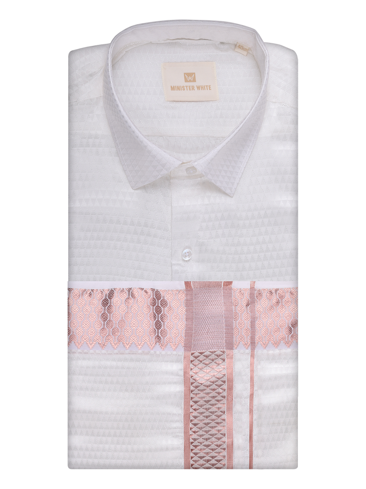 Mens Art Silk Half White Full Sleeves Shirt with 2 1/2" Copper Jari Border Dhoti Combo Neogen by Minister White
