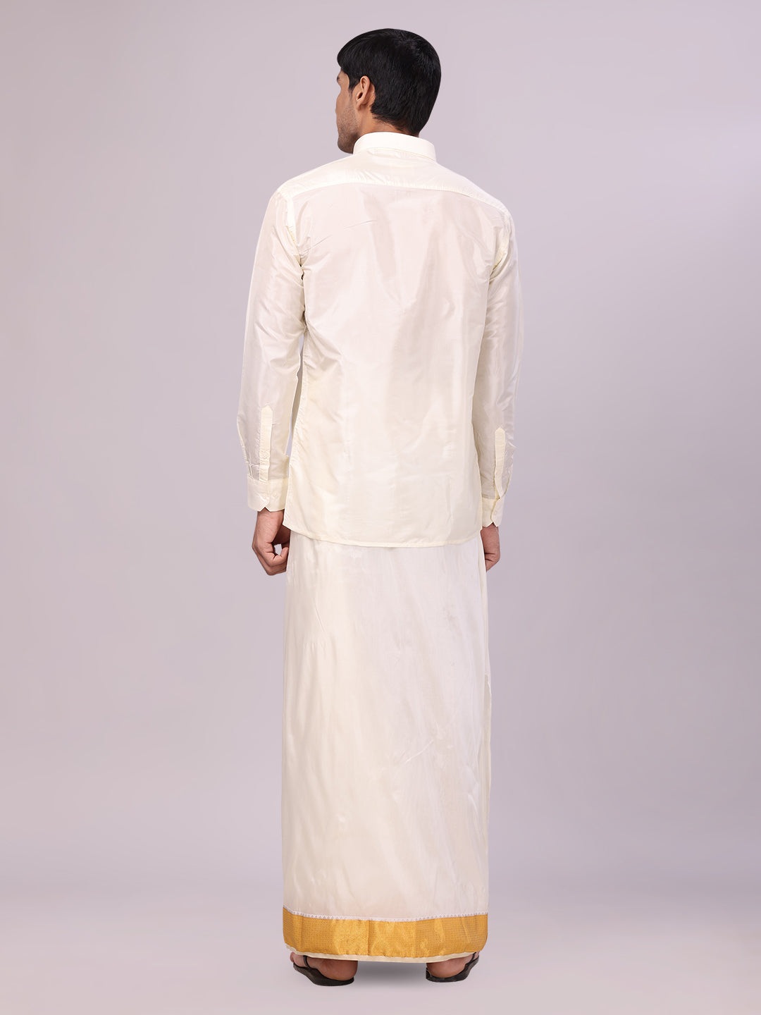 Men's Art Silk Cream Jacquard Full Sleeves Shirt with 3" Gold Jari Border Dhoti Combo Mangal