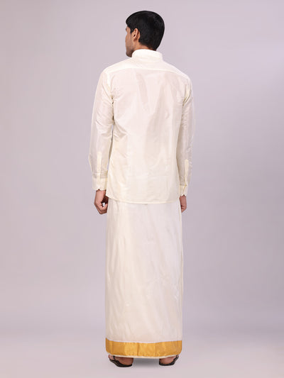 Men's Art Silk Cream Jacquard Full Sleeves Shirt with 3" Gold Jari Border Dhoti Combo Mangal