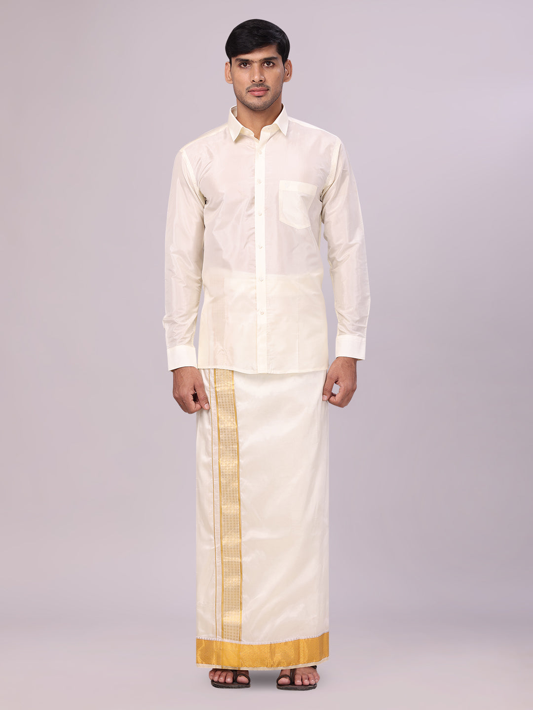 Mens Art Silk Cream Full Sleeves Shirt with 3" Gold Jari Border Dhoti Combo Haldi