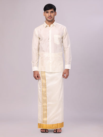 Men's Art Silk Cream Jacquard Full Sleeves Shirt with 3" Gold Jari Border & Dhoti Combo Mangal