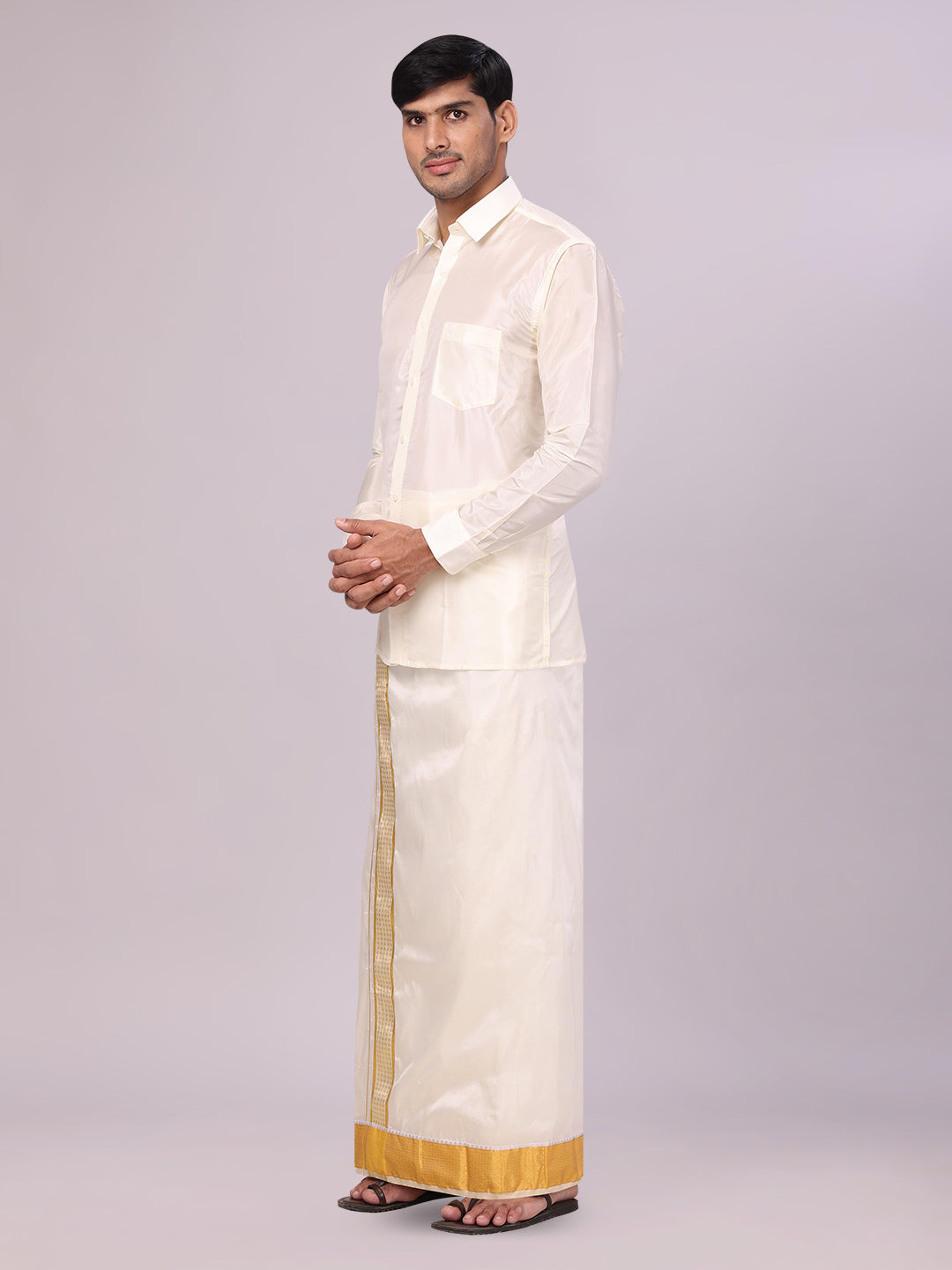 Men's Art Silk Cream Jacquard Full Sleeves Shirt with 3" Gold Jari Border Dhoti Combo Mangal