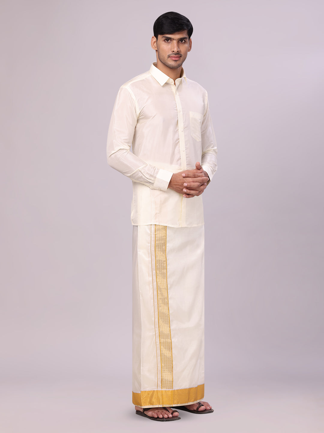 Men's Art Silk Cream Jacquard Full Sleeves Shirt with 3" Gold Jari Border Dhoti Combo Mangal