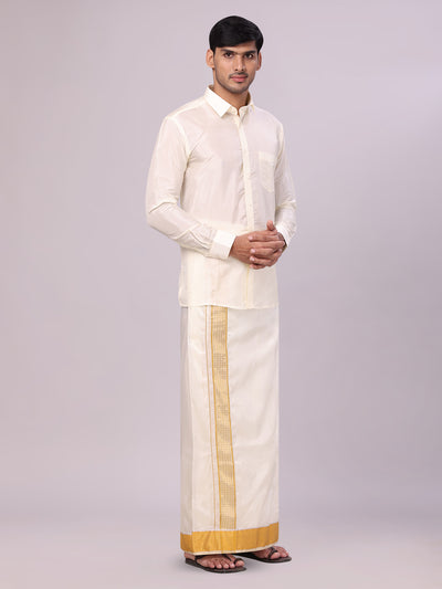 Men's Art Silk Cream Jacquard Full Sleeves Shirt with 3" Gold Jari Border Dhoti Combo Mangal