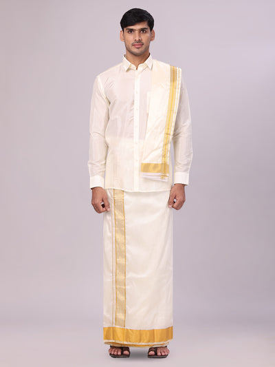 Men's Art Silk Cream Jacquard Full Sleeves Shirt with 3" Gold Jari Border & Towel Dhoti Combo Mangal