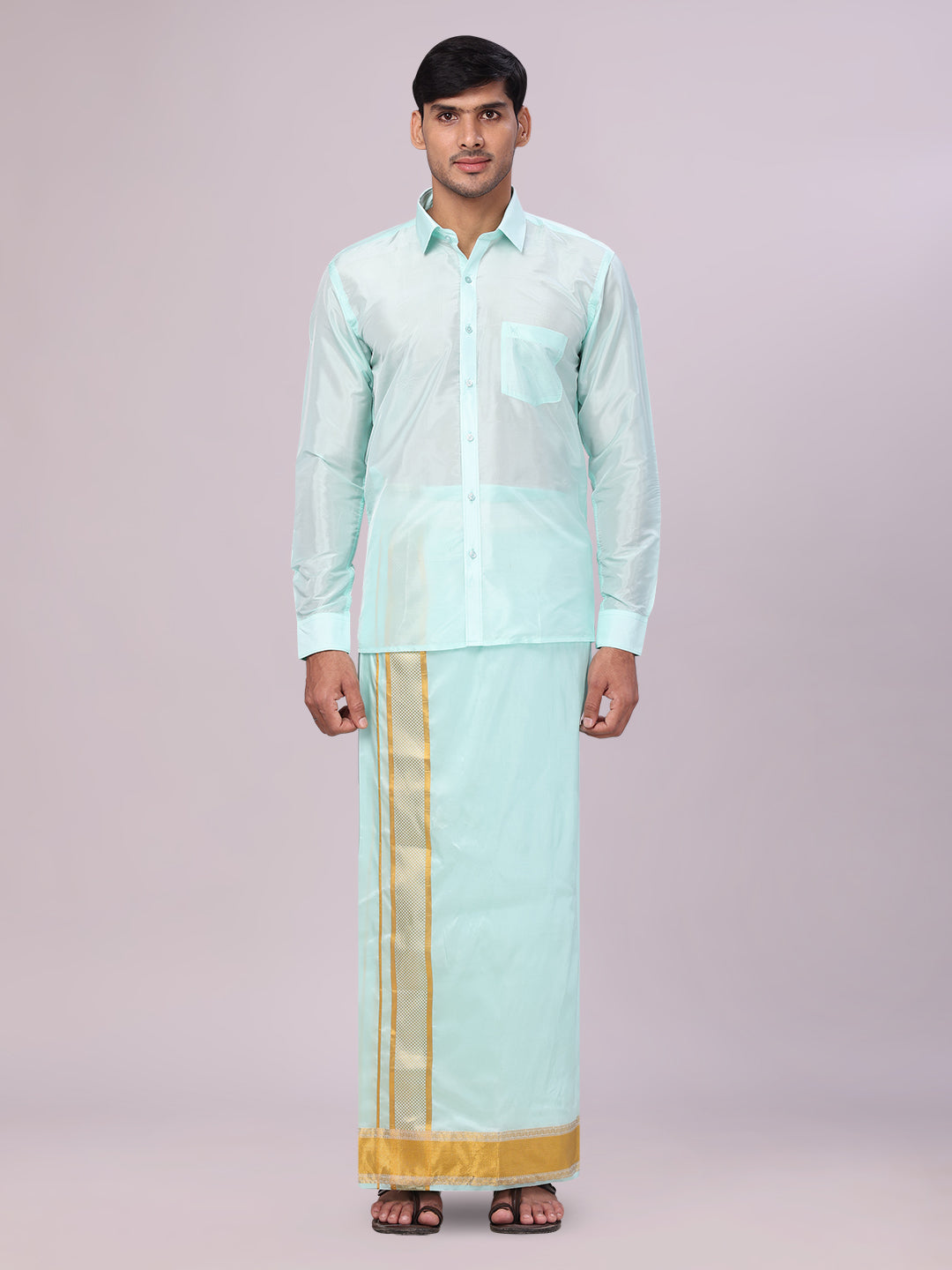 Mens Art Silk Mint Gold Full Sleeves Shirt with 3 1/2" Gold Jari Border Dhoti Combo Haldi