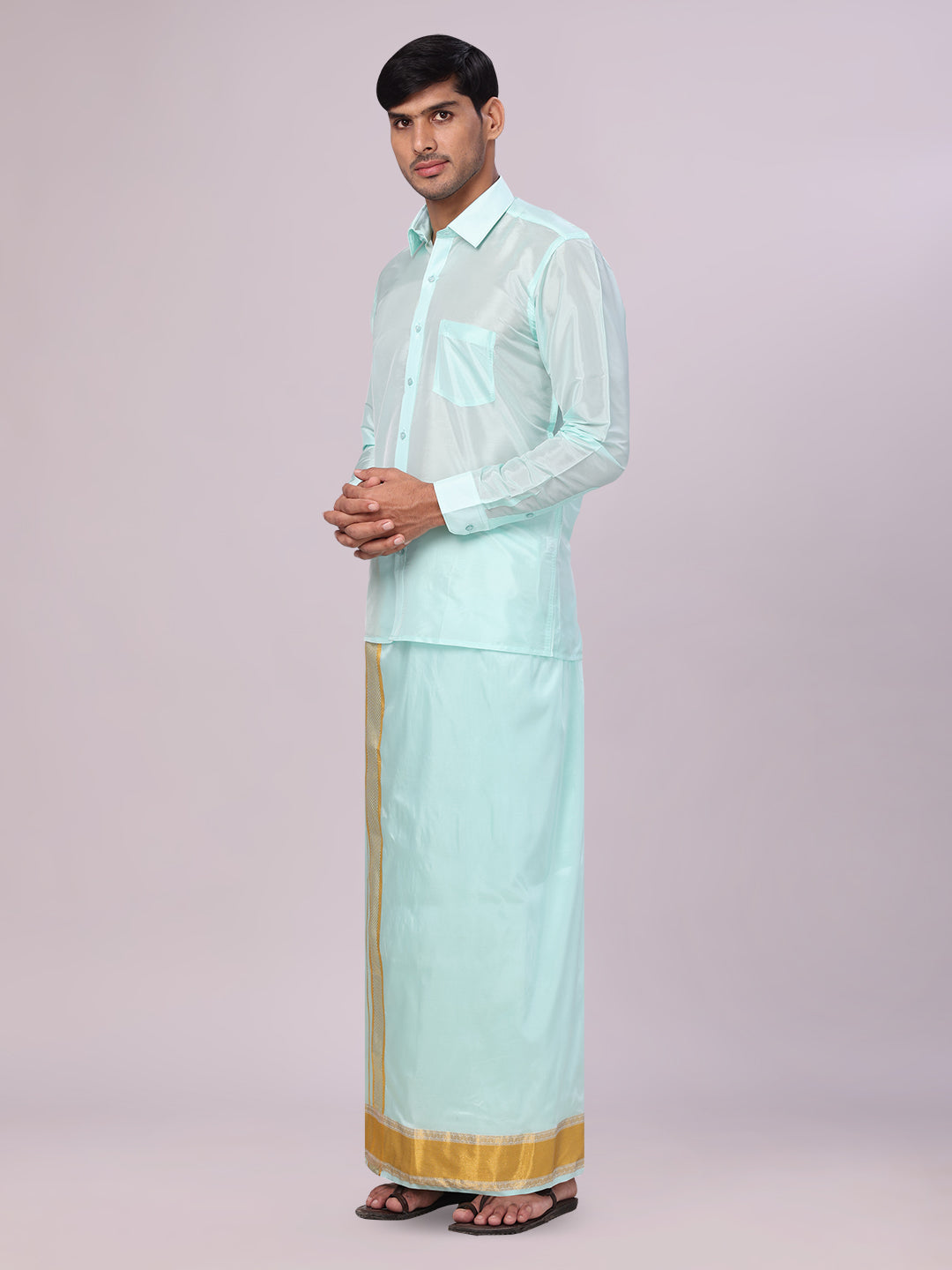 Men's Art Silk Mint Gold Full Sleeves Shirt with 3 1/2" Gold Jari Border Dhoti Combo Haldi side pose