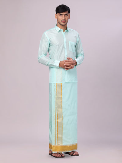 Men's Art Silk Mint Gold Full Sleeves Shirt with 3 1/2" Gold Jari Border Dhoti Combo Haldi side pose