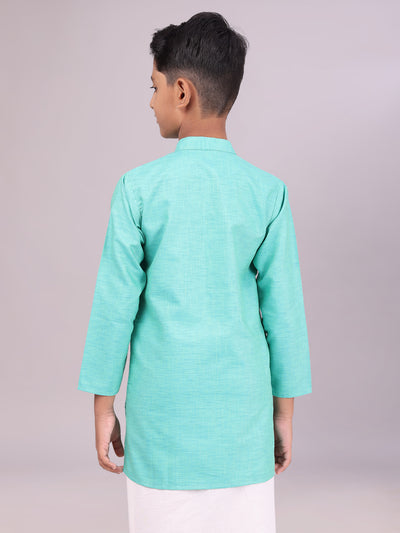 Boys Cotton Mint Blue Full Sleeves Kurta back pose