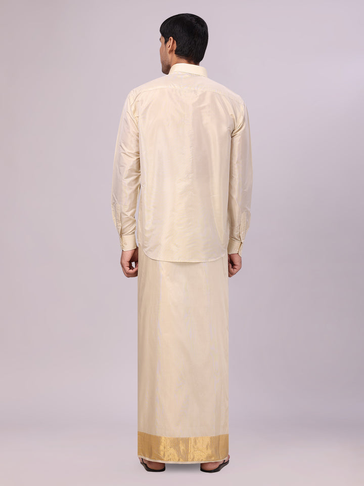 Men's Art Silk Fawn Gold Jacquard Full Sleeves Shirt with 4" Gold Jari Border Dhoti Combo Mangal