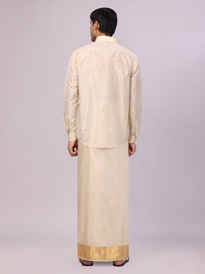Men's Art Silk Fawn Gold Jacquard Full Sleeves Shirt with 4" Gold Jari Border Dhoti Combo Mangal