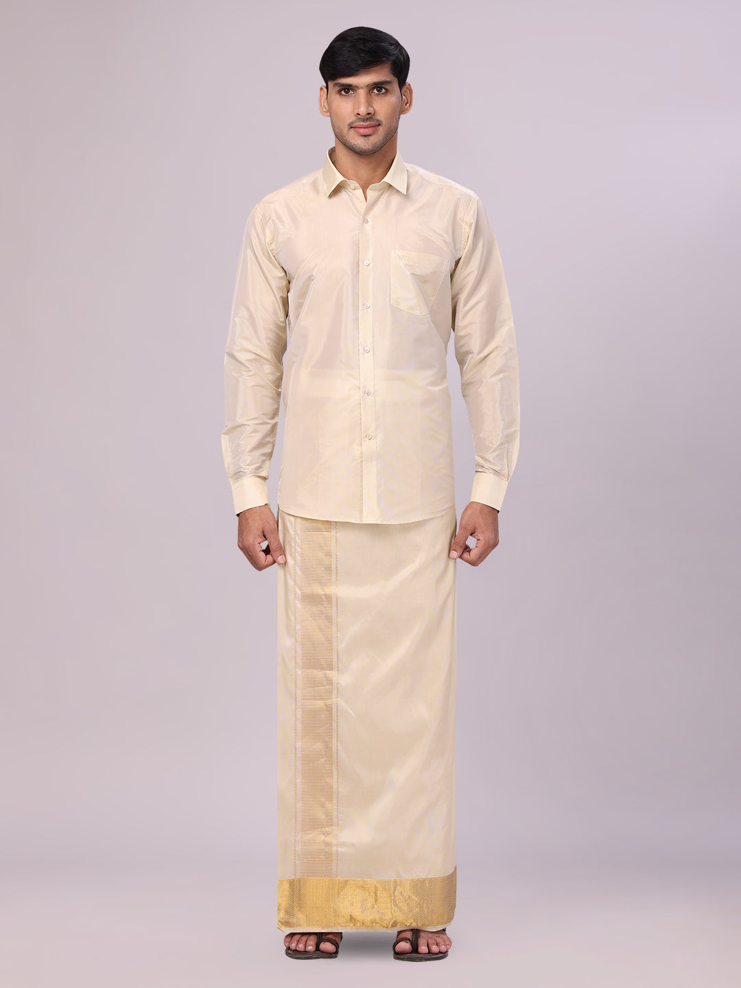 Men's Art Silk Fawn Gold Jacquard Full Sleeves Shirt with 4" Gold Jari Border Dhoti Combo Mangal