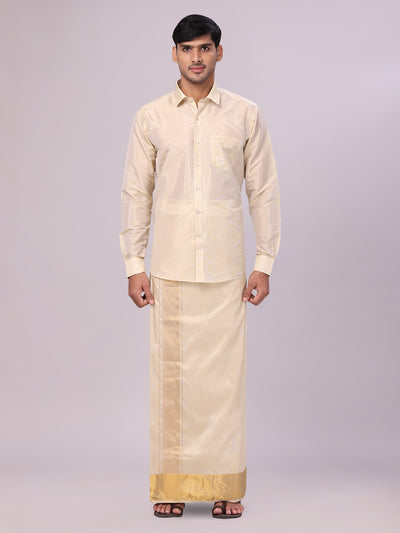 Men's Art Silk Fawn Gold Jacquard Full Sleeves Shirt with 4" Gold Jari Border Dhoti Combo Mangal