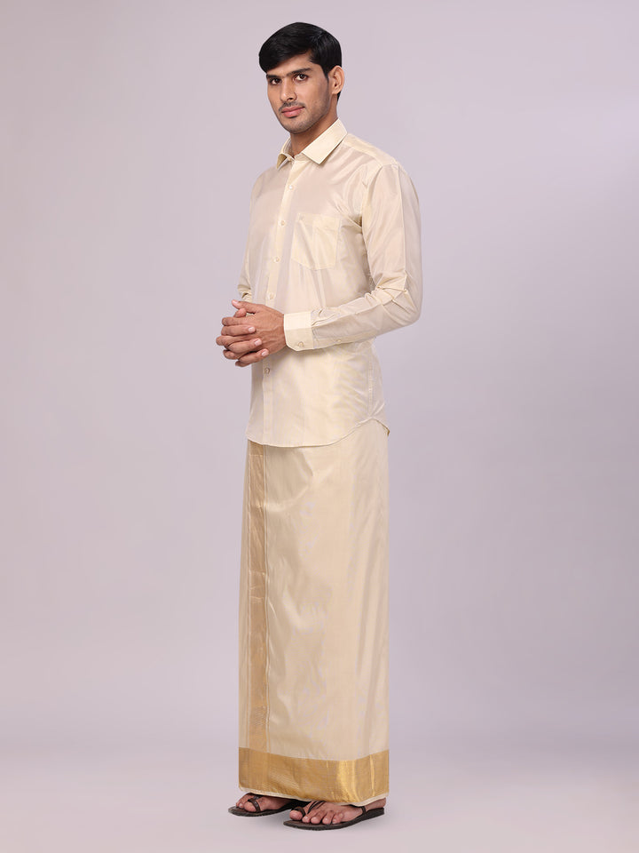 Men's Art Silk Fawn Gold Jacquard Full Sleeves Shirt with 4" Gold Jari Border Dhoti Combo Mangal