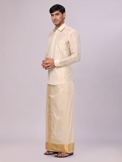 Men's Art Silk Fawn Gold Jacquard Full Sleeves Shirt with 4" Gold Jari Border Dhoti Combo Mangal