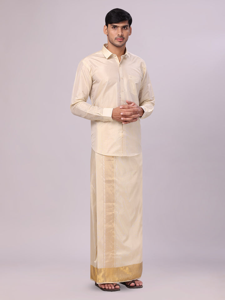 Men's Art Silk Fawn Gold Full Sleeves Shirt with 4" Jari Border Dhoti Combo Haldi side pose